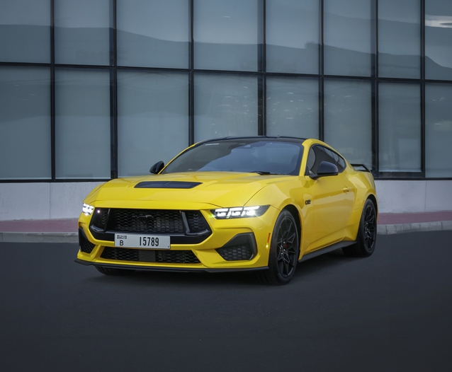 Yellow Ford Mustang car rental price list in Dubai, UAE